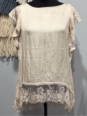 Ambra Silk Blend Ruffle Sleeve Blouse Beige Large Boho Lace Hem Romantic Top